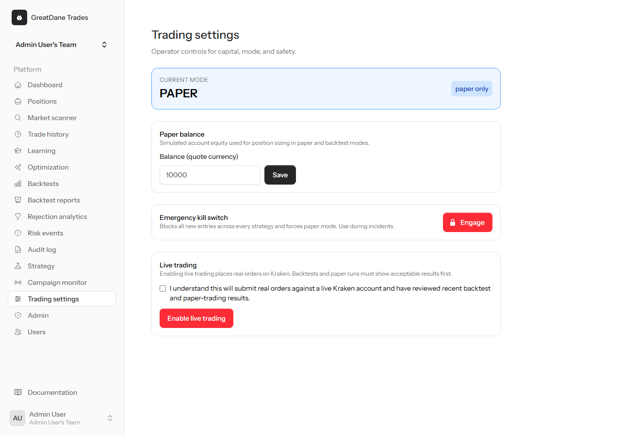 Trading settings — GreatDane Trades screenshot